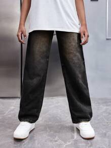 SHEIN Tween Boys' Casual Vintage Washed Loose Straight Leg Blue Jeans For Spring And Summer - Black - View 4