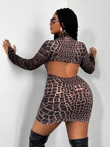 Maweii فستان ضيق بطبعة تمساح للمرأة ذات الحجم الكبير بظهر مفتوح - بني - مشاهدة 3