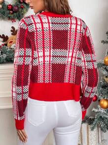 Chiquease Áo khoác cardigan kẻ caro thường ngày và công sở cho nữ vào mùa thu/đông - Đỏ - Xem 2