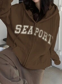 DAZY Women's Loose Fit Letter Print Fleece Sweatshirt, Autumn,Long Sleeve Tops Hoodie,Fall Women Clothes Jacket Zip Up,Winter