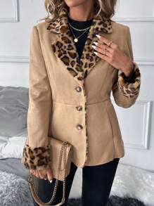 SHEIN Clasi Women's Leopard Print Thermal Lined Zip Front Warm Winter Jacket Winter Women Jacket - Khaki - View 6