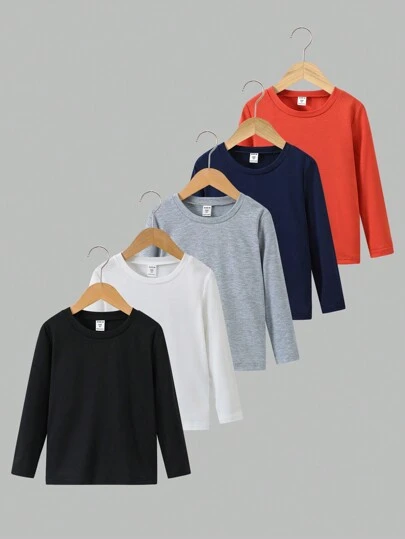 5 piezas/Set Camisetas básicas de cuello redondo de color liso para niño joven en negro, blanco, azul, amarillo, gris