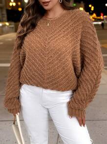 SHEIN LUNE Plus Size Round Neck Loose One-Piece Sleeve Pullover Sweaterbusiness Casual Woman,Holiday Outfits,Country Tops - Brown - View 1