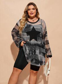 SHEIN CURVE+ Curve Plus Winter  Fall Halloween  Women's See-Through Star Patterned Round Neck Drop Shoulder Long Sleeve Dress For Spring And Summer