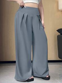 Flirla Pantalones anchos de talla grande de cintura alta, de unicolor y casuales - Azul - Ver 4