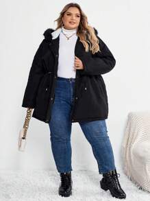 SHEIN CURVE+ Abrigo acolchado con capucha de color sólido y cordón a la cintura, talla grande, para invierno
