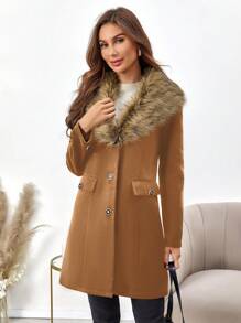 SHEIN Clasi Women's Solid Color Fluffy Patchwork Front Button Pocket Long Sleeve Overcoat - Rust Brown - View 4