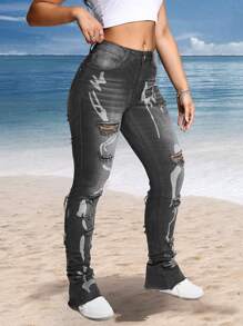 Quần Jeans Skinny Thường Ngày Có Túi Xách Cho Nữ - Xám - Xem 4