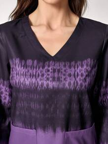 TaskEZ Women V-Neck Tie-Dye Long Sleeve Pocket Top And Pants Uniform Scrub Set