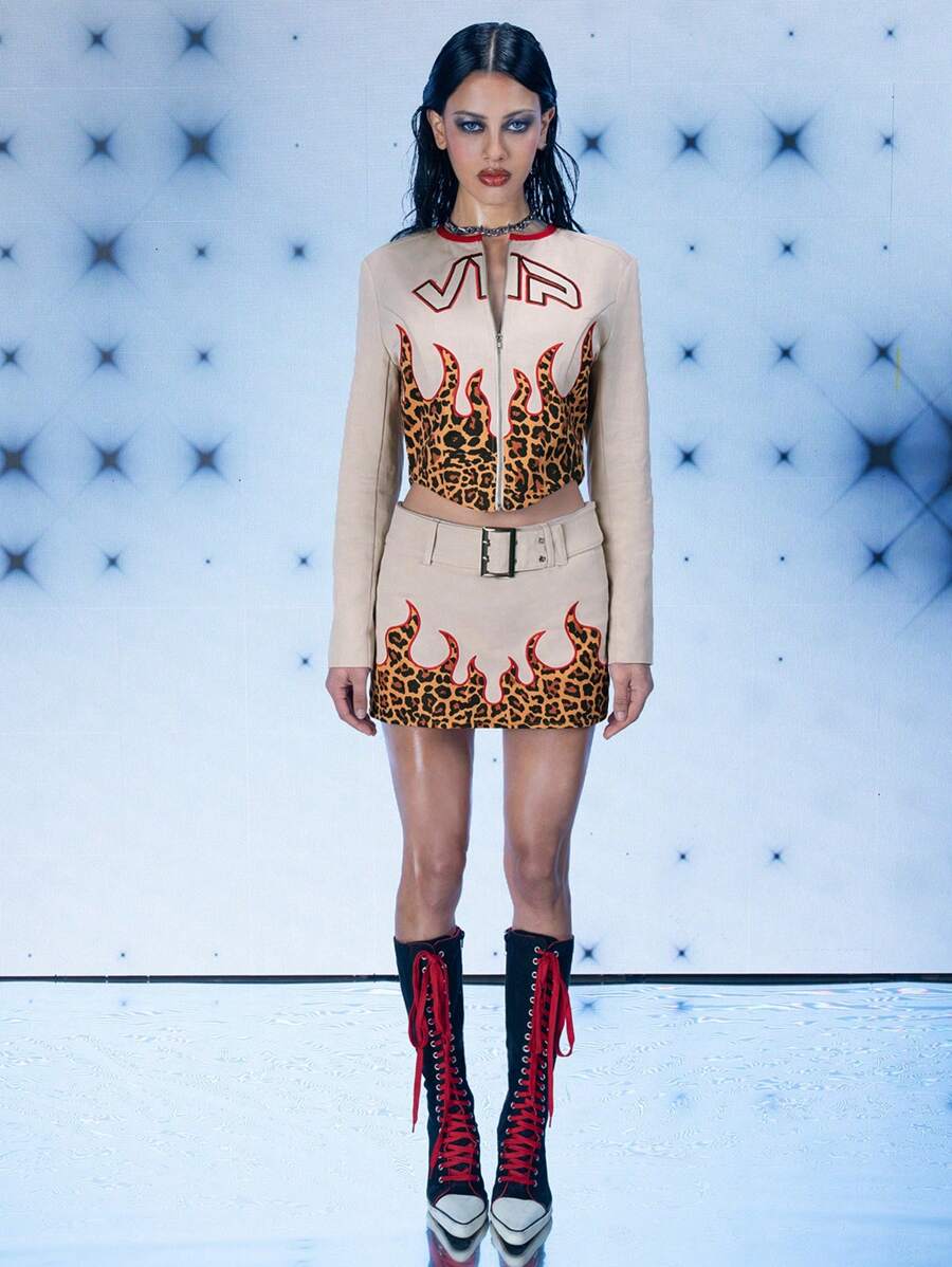 FREAK CITY Designer Women Cotton Twill Leopard Printed Applique Moto Jacket Retro Street Jacket, For Holiday, Vacation, Spring, Festival, Ibiza Fits