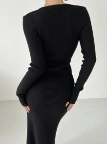 DAZY 2pcs Women Plain Button-Front Long Sleeve Sweater And Skirt Set