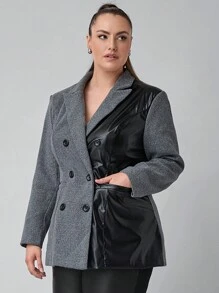 SHEIN Clasi Plus Size Women's PU Patchwork Suit Jacket For Office/Commute Wear In Autumn & Winter - Multicolor - View 5