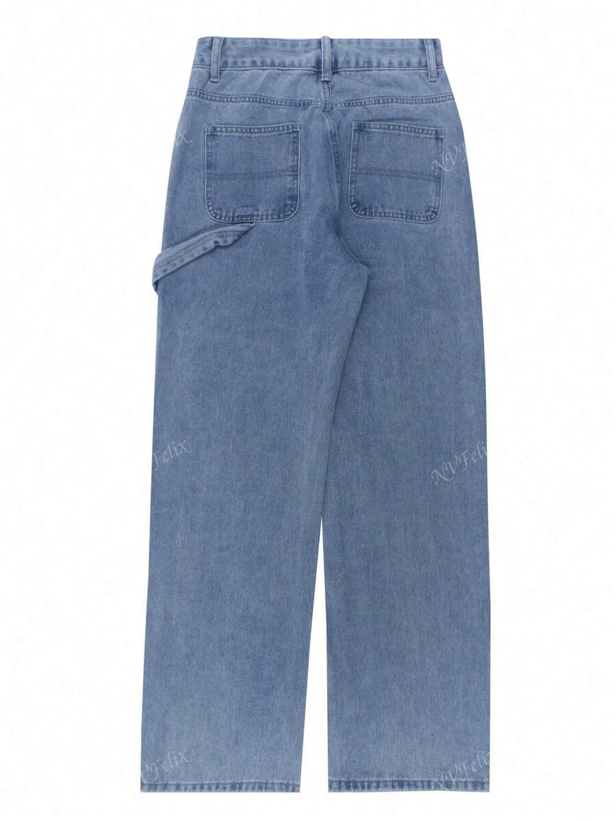 กางเกงยีนส์ฟิตหลวมสำหรับใส่ในชีวิตประจำวันพร้อมกระเป๋า ปุ่ม ซิป ขา