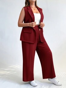 SHEIN Essnce 大码女式纯色缺口领单排扣背心和阔腿裤休闲套装，春夏季 - 酒紅色 - 查看 4