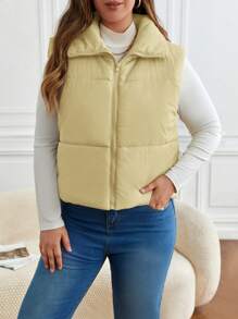 SHEIN Frenchy 大码纯色前拉链无袖简约休闲装 - 黃色 - 查看 3