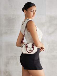 SHEIN MOD 女士纯色拼接链条装饰简约休闲手提包 - 米色 - 查看 6