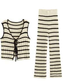 SHEIN Essnce Women's Casual Striped Tie-Front Sweater Vest And Wide Leg Knit Pants 2-Piece Suit, Spring And Autumn - Beige - View 4