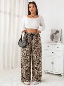 SHEIN EZwear 大码女式豹纹系带腰口袋宽腿宽松裤 - 彩色 - 查看 4