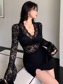 DAZY Women's Sexy Slim Fit V-Neck Lace Long Sleeve Top, Spring & Summer Going Out Tops Sheer,Fall Clothes Valentine's Day - Black - View 8