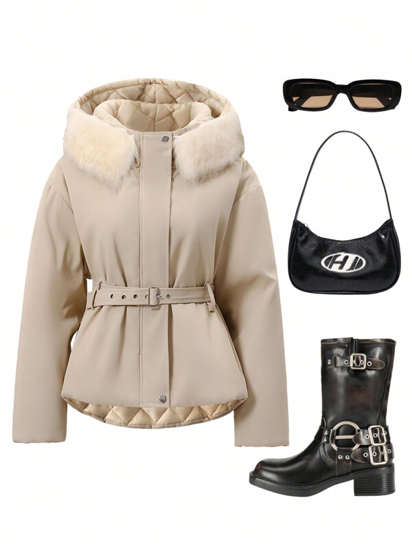 SHEIN Manteau rembourré épais et coupe-vent à capuche, à épaules tombantes, à manches longues, de couleur unie et courte, pour filles adolescentes, mode casual de tous les jours, peut être assorti avec un sac à épaule, un sac à dos, un sac bandoulière, une casquette de baseball, un schapeau de seau, un béret, des bottines, des babies, des lunettes de soleil, des écouteurs en automne/hiver