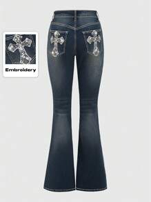 ROMWE Grunge Punk Quần Jeans Ống Loe Họa Tiết Ngôi Sao Mặt Trăng Cổ Điển Y2k, Trang Trí Đính Đá, Dành Cho Trường Học - Màu xanh hải quân - Xem 1