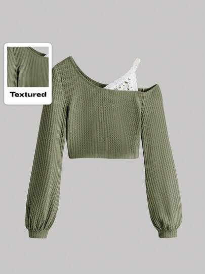 Fairycore Contrast Lace Asymmetrical Neck Tee