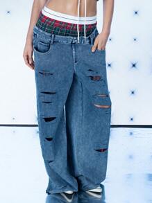 FREAK CITY Designer Women Distressed Washed Denim Effect Baggy Layered Waist Pants Retro Street Navy Blue Cowgirl Pants, For Holiday, Vacation, Spring, Festival, Ibiza Fits