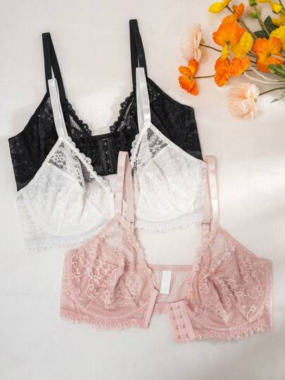 3pcs Plus Size Lace Comfortable Wire-Free Breathable Front-Clasp Bras, Lift