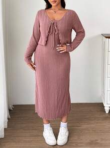 SHEIN EZwear 情人节，大码动漫风格休闲粉色针织开衫和连衣裙 2 件套 - 藕粉色 - 查看 5