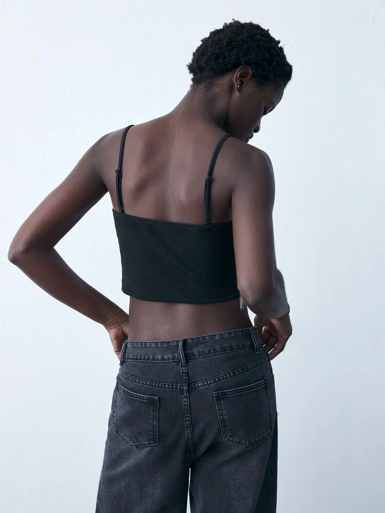 SHEIN Maija Women's Black Spaghetti Strap Tassel Accent Tank Top, Autumn