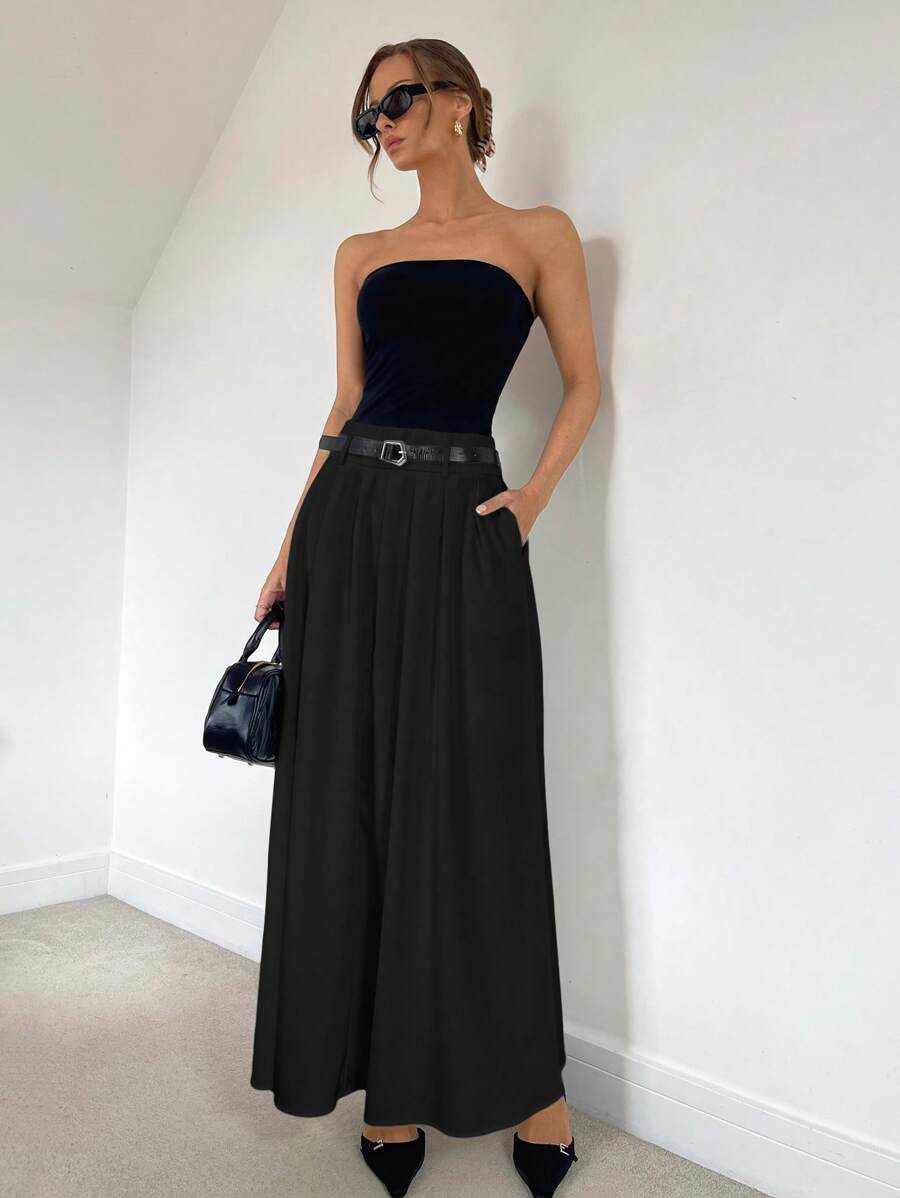 SHEIN Essnce 女士休闲时尚百搭大下摆纯色褶皱口袋长裙配腰带秋装秋装女装办公室装女裙商务休闲女裙短裙教师裙女亚麻衣服 - 黑色 - 查看 1