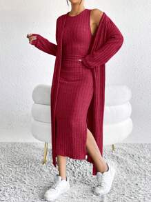 SHEIN EZwear Bộ 2 món váy đỏ cho nữ + áo len cardigan dài - Màu Hoa hồng đỏ - Xem 3