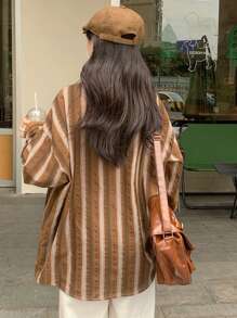 FRIFUL Damska luźna bluzka w paski z odkrytymi ramionami i długim rękawem, wiosna/jesień - Brązowy - Zobacz 5