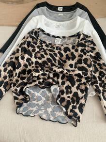 SHEIN Leap Crew 4pcs Knitted Solid & Leopard Print Long Sleeve Casual Set For Baby Girls - Black - View 5