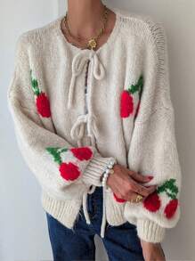SHEIN Frenchy Áo khoác cardigan dài tay rộng rãi, dáng rộng, thắt nút phía trước, vai trễ, họa tiết quả anh đào, mùa thu/đông cho nữ, áo khoác cardigan dài tay thắt nút màu trơn cỡ lớn, đi làm, tối giản, trang phục công sở, phong cách cổ điển, đơn giản, áo len cardigan dệt kim màu trơn thắt nút phía trước cho nữ, có thể mặc bên ngoài áo phông, áo len cardigan cỡ lớn dễ thương, siêu ấm và mềm mại! - Nhiều màu - Xem 5