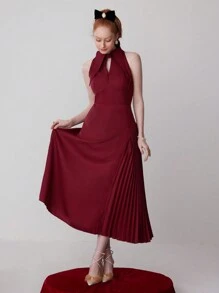 SHEIN Belle Burgundy Red Women's Elegant Open Shoulder Solid Color Formal Evening Dress (Heavy Style) - Burgundy - View 6
