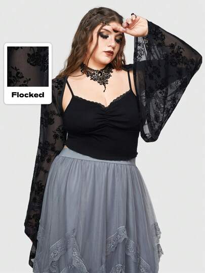 Plus Size Romantic Gothic Style Flared Sleeves Short Mesh Bolero Top With Rose Flocking Detail