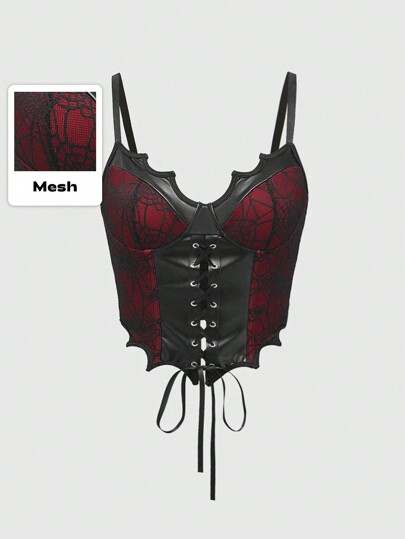 Goth Dark & Sexy Y2K Lady PU Leather Splicing Spiderweb Lace Hem Bat Shape Black & Red Contrast Color Corset-Like Tank Top For Women Graphic Tees Women Tops