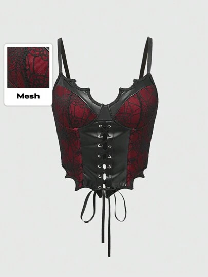 ROMWE Goth Top de tipo corset en color negro y rojo con efecto contrastante, con detalle de encaje en forma de telaraña y diseño murciélago, para mujer, tipo camiseta gráfica