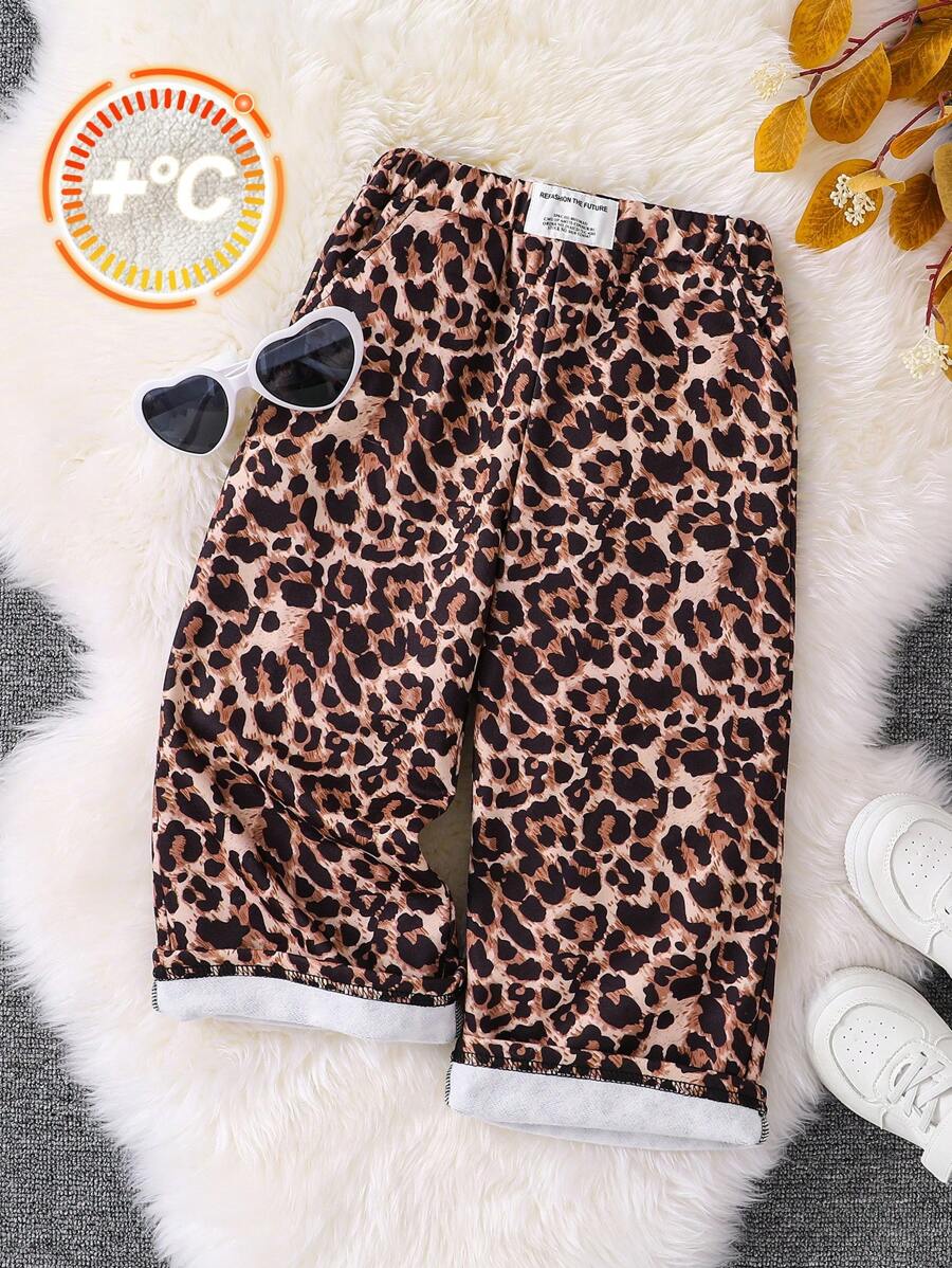 SHEIN 年轻女孩针织豹纹字母宽松休闲运动裤 - 彩色 - 查看 1
