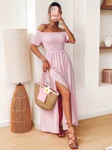 SHEIN VCAY 女士度假纯色宽松露肩短袖开衩下摆连衣裙 - 粉色 - 查看 1