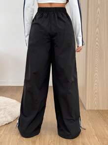 Muchica 女士纯色拼接简约休闲长裤 - 黑色 - 查看 2