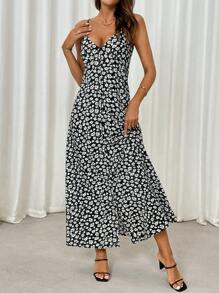 SHEIN LUNE Women Daisy Floral Print Spaghetti Strap Button-Front Long Dress For Casual/Vacation, Autumn