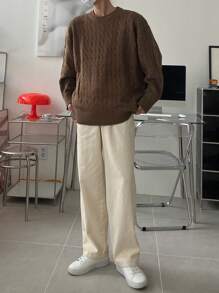 DAZY Men's Solid Color Round Neck Drop Shoulder Long Sleeve Casual Sweater, Autumn - Brown - View 5