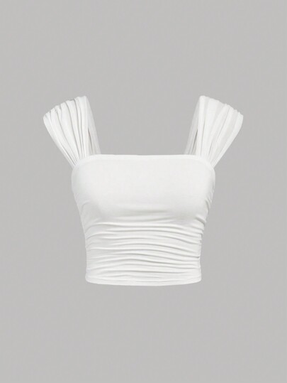 SHEIN Girlism Teen Girl Plain Knitted Square Neck Ruched Casual Camisole