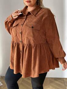 SHEIN CURVE+ Plus Size Stand Collar Color Block Button Dual Pockets Corduroy Ruffle Hem Dolly Casual Holiday Long Sleeve Blouse, Fall Top Clothes