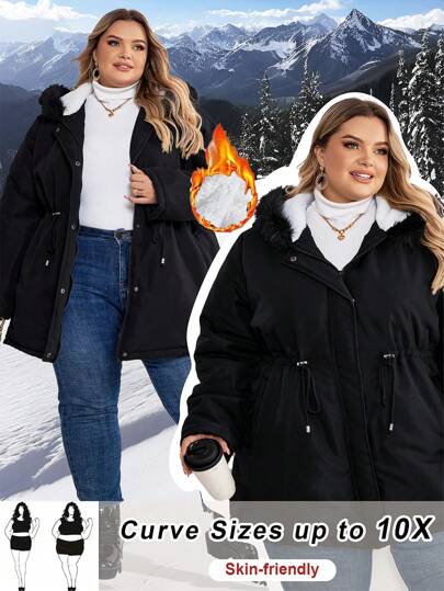 SHEIN CURVE+ Curve Plus Size Solid Colored Hooded Padded Coat With Waist Drawstring, For Winter Fall Autumn