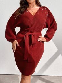 Celure Plus Size Elegant Beaded Batwing Sleeve Sweater Dress, Spring & Autumn, Winter