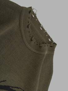 SHEIN Cottnline Men Butterfly Pattern Ripped Regular Sweater - Army Green - View 3