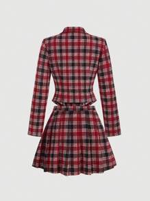 SHEIN MOD 女士红色和黑色套装：格子翻领西装外套和褶皱迷你裙，春秋女士裙套装，女巫，演唱会服装，西部，机场，商务，工作，， - 紅色 - 查看 2